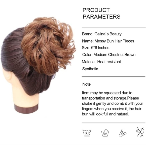 Medium Chestnut Brown Remy Human Hair Messy Bun - Picture 2 of 9
